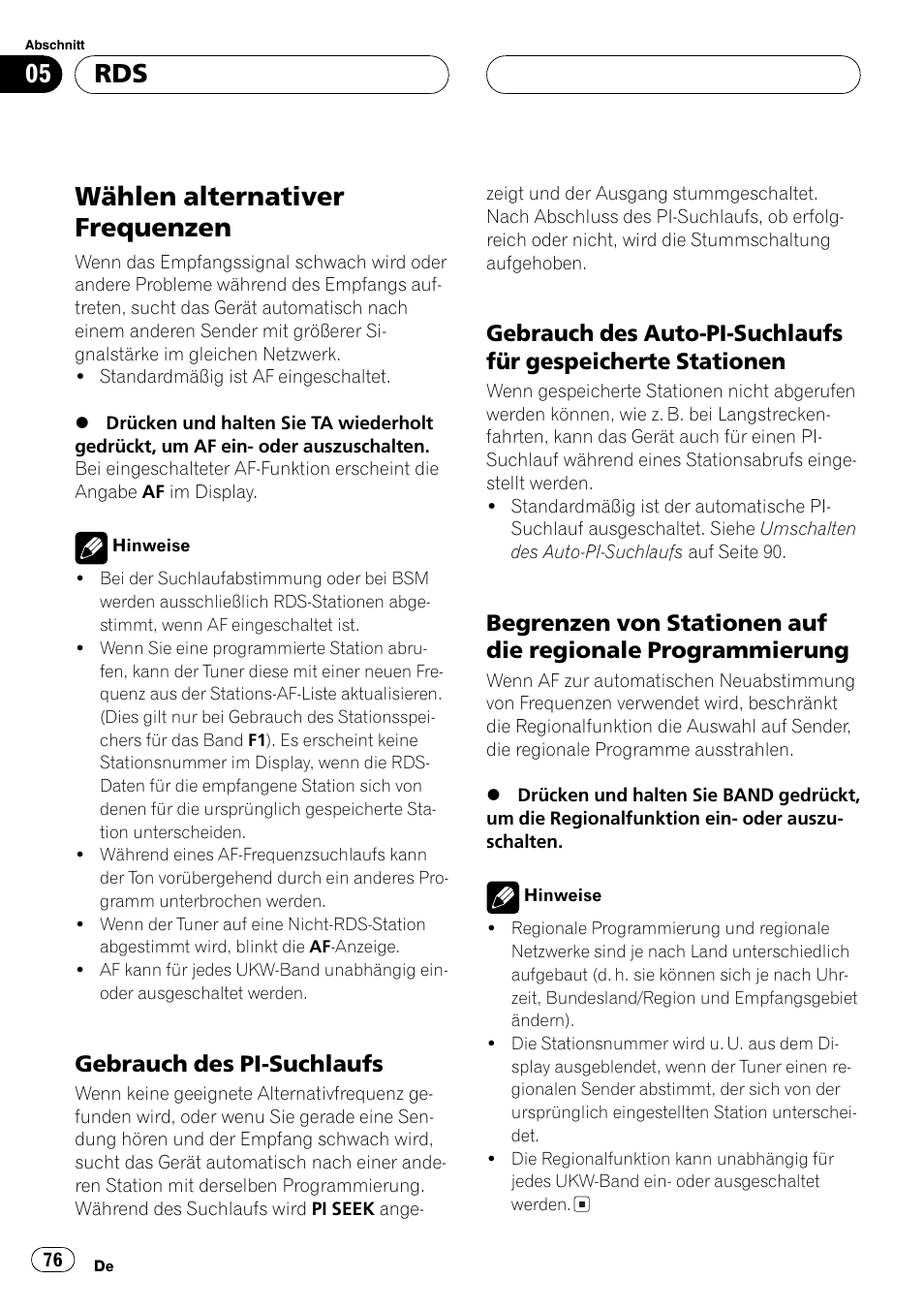 Wählen alternativer frequenzen 76, Gebrauch des pi-suchlaufs 76, Gebrauch des auto-pi-suchlaufs für | Gespeicherte stationen 76, Begrenzen von stationen auf die, Regionale programmierung 76, Wählen alternativer frequenzen, Gebrauch des pi-suchlaufs | Pioneer DEH-4700MPB User Manual | Page 76 / 100