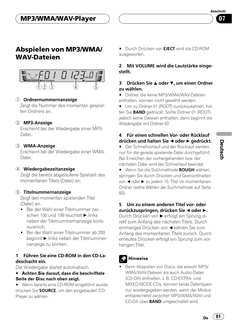 Mp3/wma/wav-player, Abspielen von mp3/wma/wav-dateien 81, Abspielen von mp3/wma/ wav-dateien | Pioneer DEH-4700MPB User Manual | Page 81 / 100