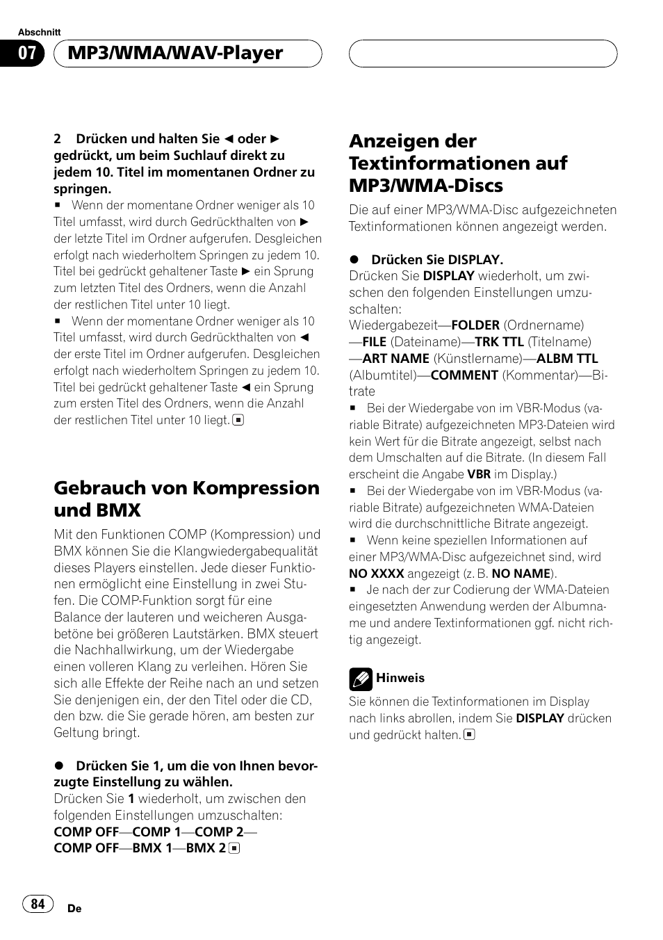 Gebrauch von kompression und bmx 84, Anzeigen der textinformationen auf mp3, Wma-discs 84 | Gebrauch von kompression und bmx, Anzeigen der textinformationen auf mp3/wma-discs, Mp3/wma/wav-player | Pioneer DEH-4700MPB User Manual | Page 84 / 100