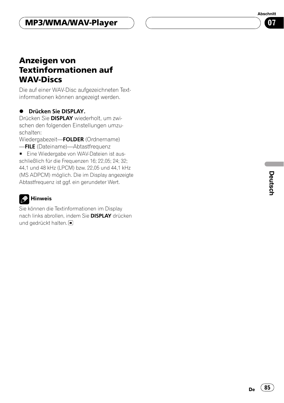 Anzeigen von textinformationen auf wav, Discs 85, Anzeigen von textinformationen auf wav-discs | Mp3/wma/wav-player | Pioneer DEH-4700MPB User Manual | Page 85 / 100