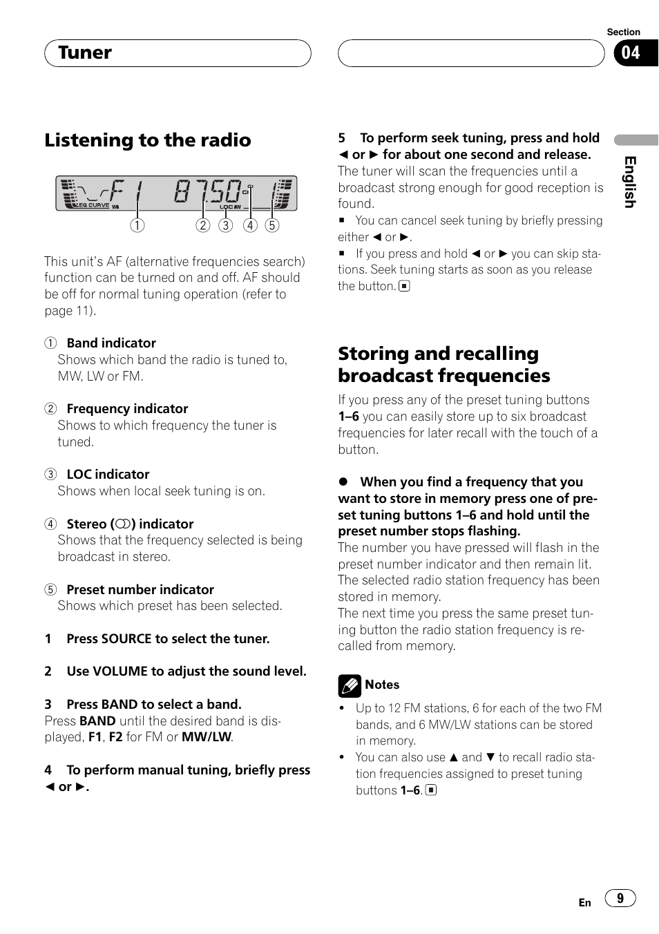 Frequencies 9, Listening to the radio, Storing and recalling broadcast frequencies | Tuner | Pioneer DEH-4700MPB User Manual | Page 9 / 100