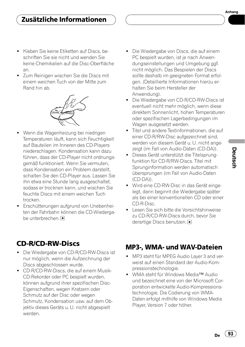 Cd-r/cd-rw-discs 93, Mp3-, wma- und wav-dateien 93, Cd-r/cd-rw-discs | Mp3-, wma- und wav-dateien, Zusätzliche informationen | Pioneer DEH-4700MPB User Manual | Page 93 / 100