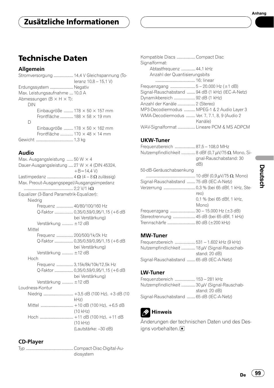 Technische daten 99, Technische daten, Zusätzliche informationen | Deutsch | Pioneer DEH-4700MPB User Manual | Page 99 / 100