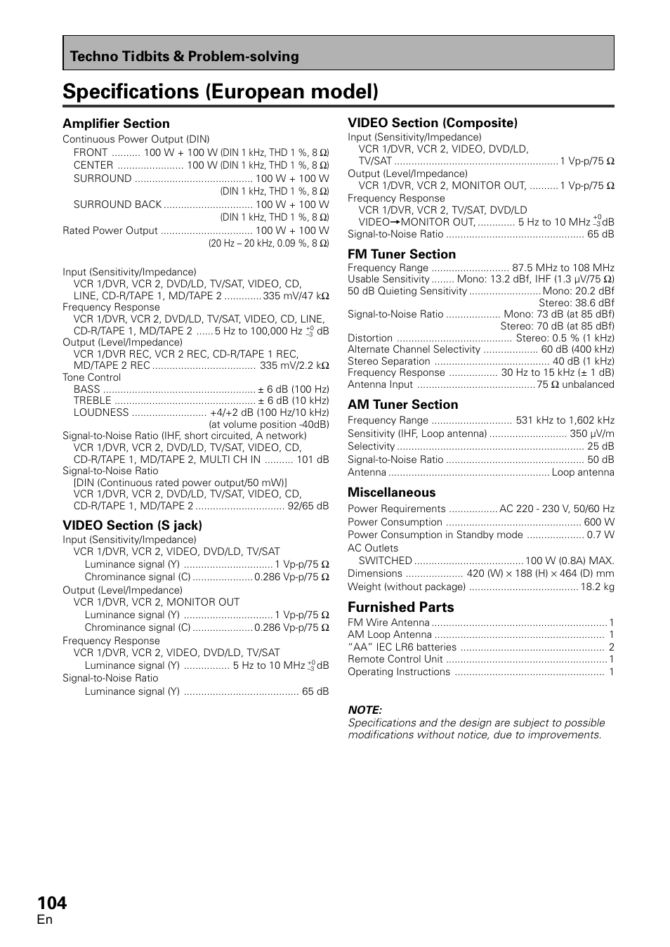 Specifications (european model), Techno tidbits & problem-solving, Furnished parts | Pioneer VSX-D1011-S User Manual | Page 104 / 108