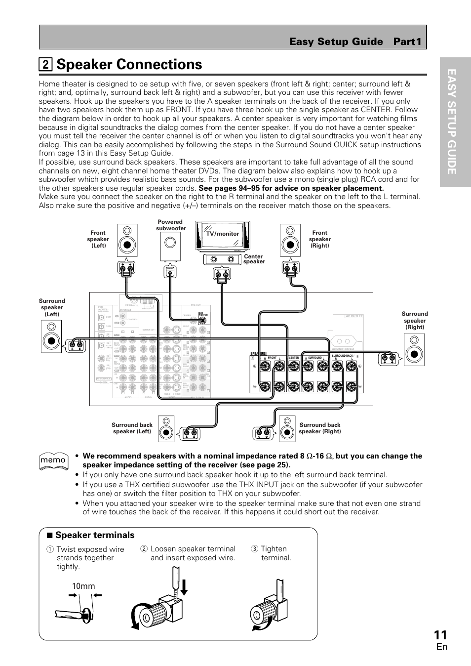 2 speaker connections, 22 speaker connections, Easy setup guide | Easy setup guide part1, 7 speaker terminals, 10mm, 3 tighten terminal | Pioneer VSX-D1011-S User Manual | Page 11 / 108