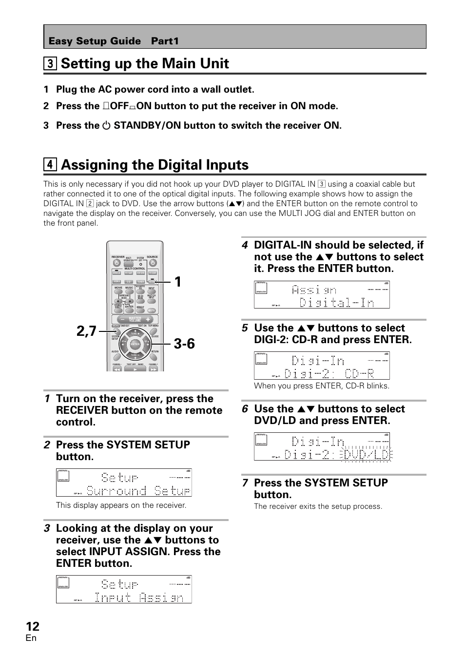 44 assigning the digital inputs, 33 setting up the main unit, 7 press the system setup button | Easy setup guide part1, This display appears on the receiver, When you press enter, cd-r blinks, The receiver exits the setup process | Pioneer VSX-D1011-S User Manual | Page 12 / 108