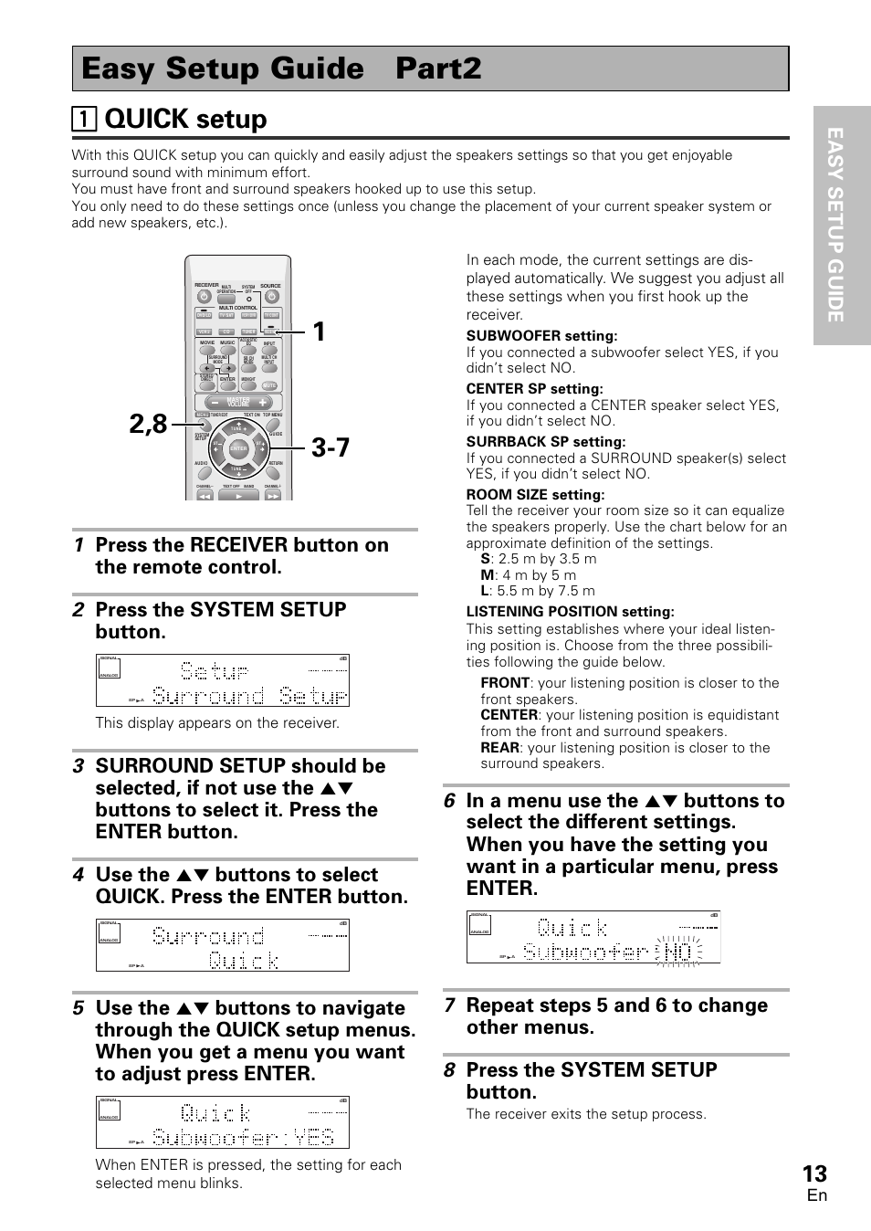 Easy setup guide part 2, 1 quick setup, Easy setup guide part2 | 11 quick setup, Easy setup guide, This display appears on the receiver, The receiver exits the setup process | Pioneer VSX-D1011-S User Manual | Page 13 / 108