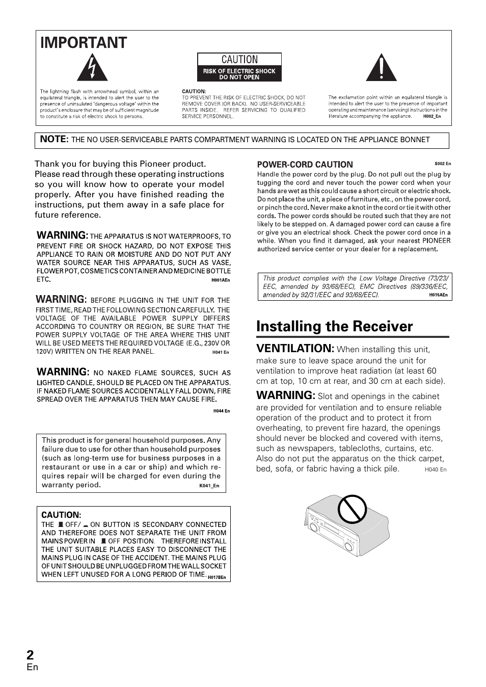 Installing the receiver, Ventilation, Warning | Pioneer VSX-D1011-S User Manual | Page 2 / 108