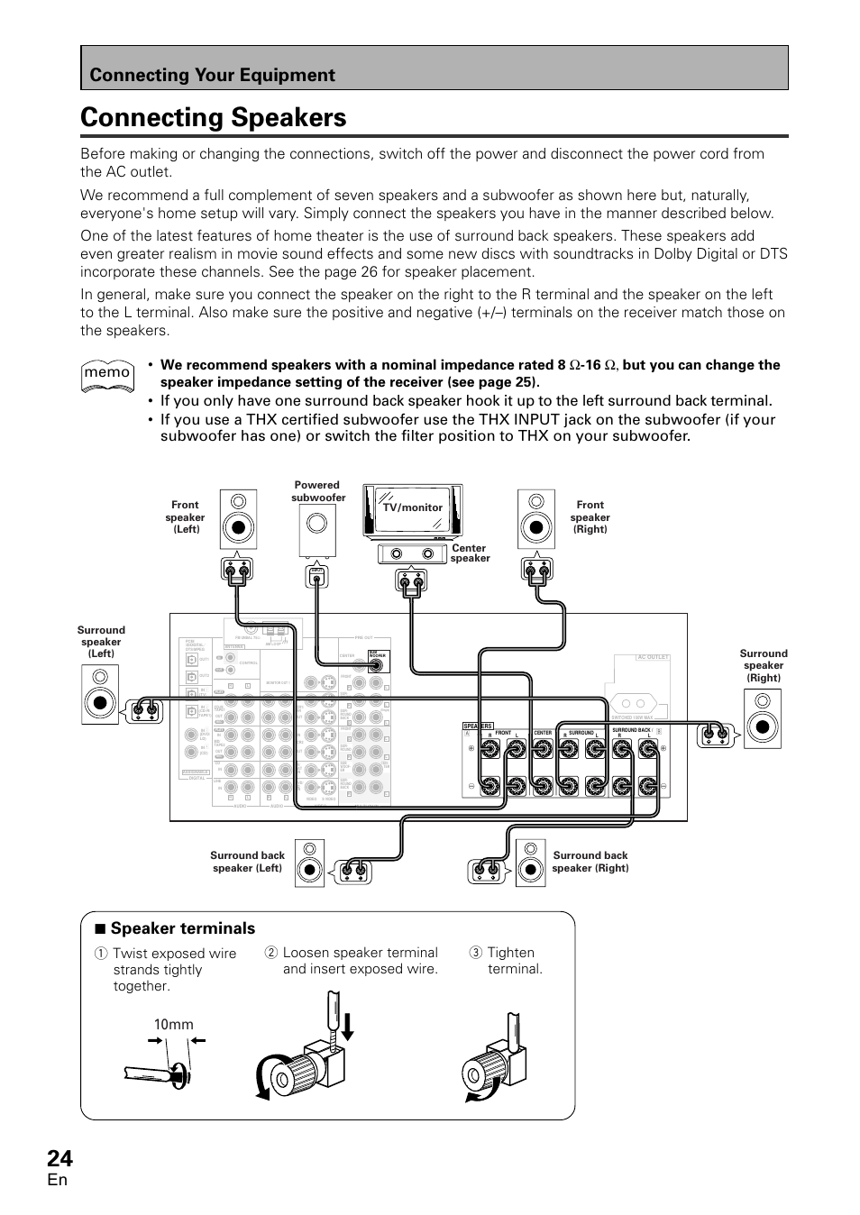 Connecting speakers, Connecting your equipment, 7 speaker terminals | 10mm | Pioneer VSX-D1011-S User Manual | Page 24 / 108