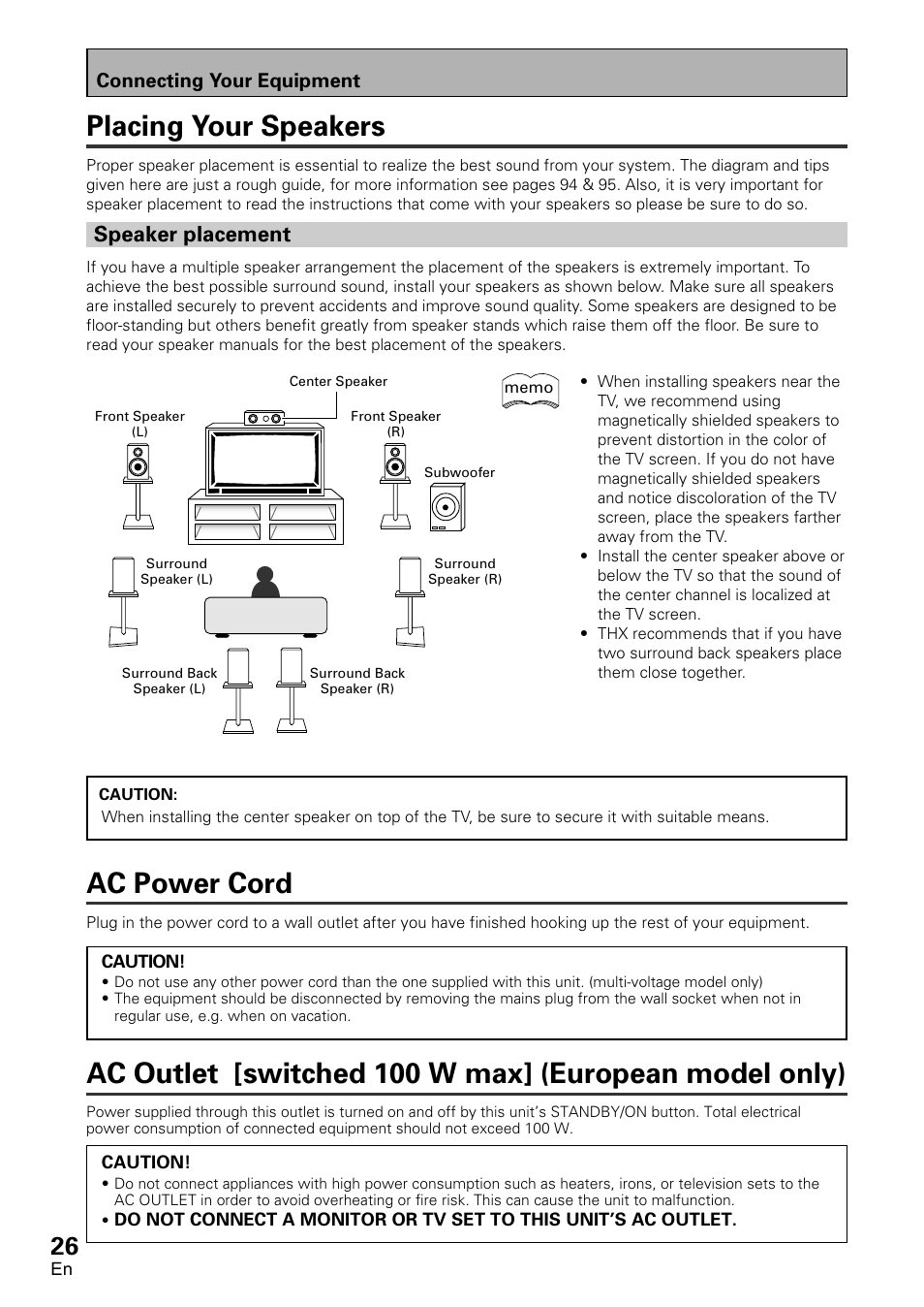 Placing your speakers, Speaker placement, Ac power cord | Pioneer VSX-D1011-S User Manual | Page 26 / 108