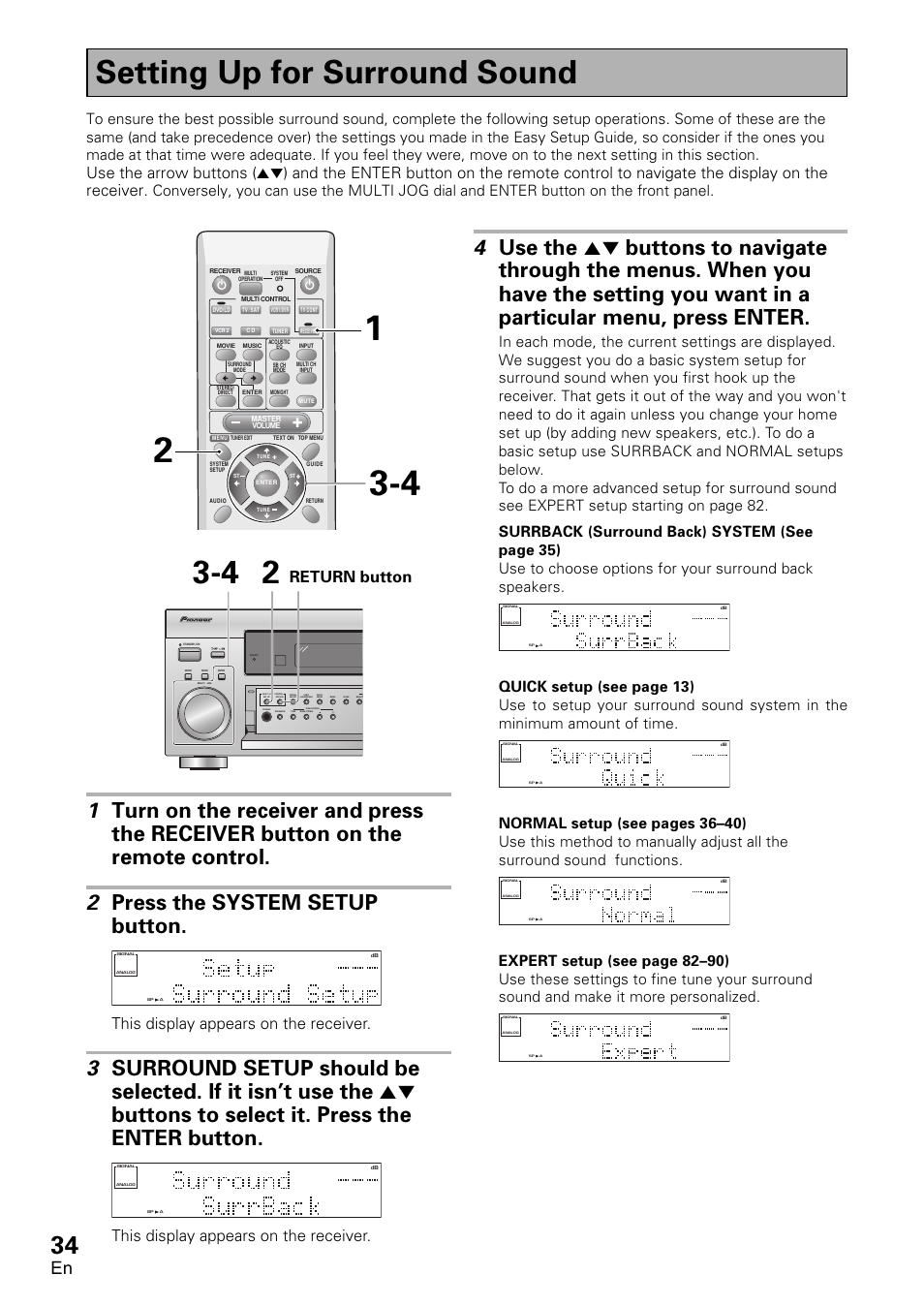 Setting up for surround sound, This display appears on the receiver, Return button | Pioneer VSX-D1011-S User Manual | Page 34 / 108