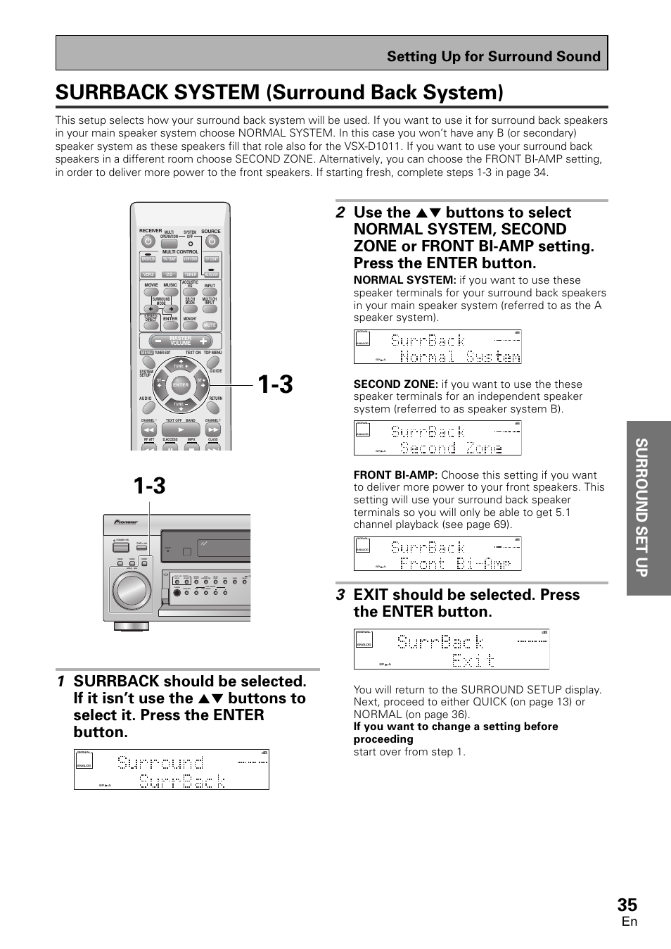 Surrback system (surround back system), Surround set up, 3 exit should be selected. press the enter button | Setting up for surround sound | Pioneer VSX-D1011-S User Manual | Page 35 / 108