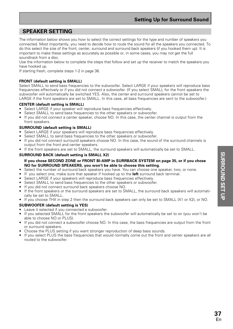 Speaker setting, Surround set up, Setting up for surround sound | Pioneer VSX-D1011-S User Manual | Page 37 / 108