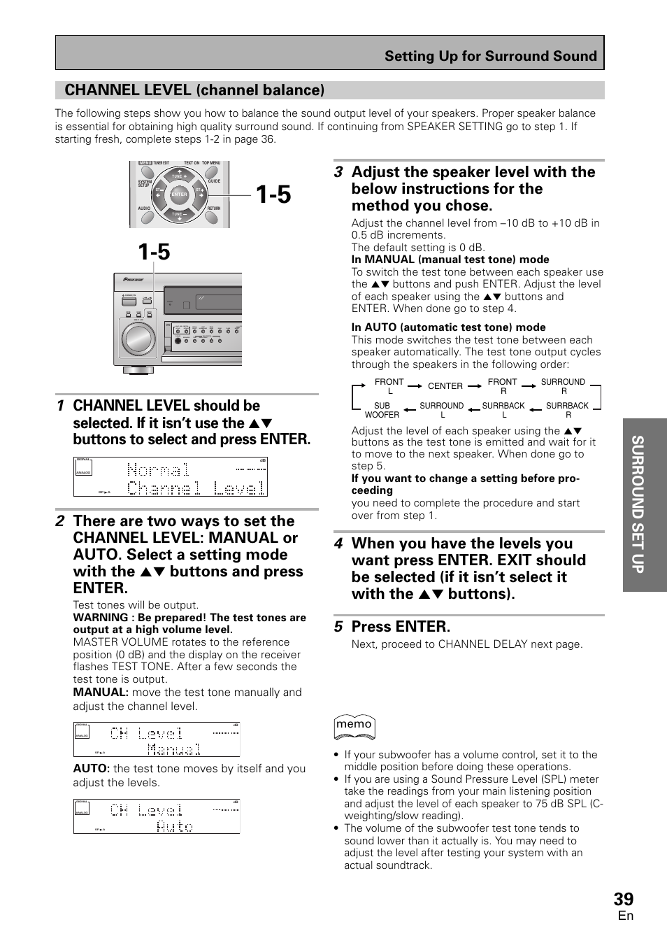 Channel level (channel balance), Surround set up, Setting up for surround sound | Next, proceed to channel delay next page | Pioneer VSX-D1011-S User Manual | Page 39 / 108