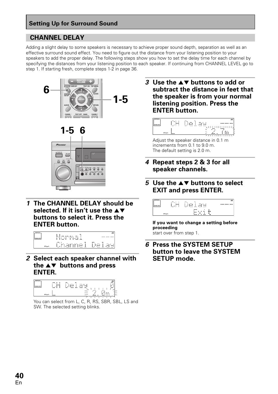 Channel delay, Setting up for surround sound | Pioneer VSX-D1011-S User Manual | Page 40 / 108