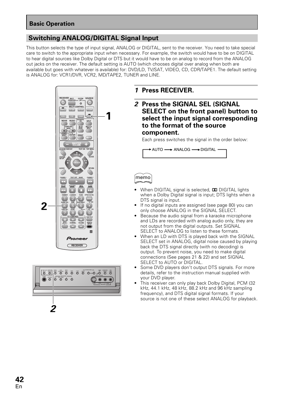 Switching analog/digital signal input, Basic operation, Each press switches the signal in the order below | Auto analog digital | Pioneer VSX-D1011-S User Manual | Page 42 / 108