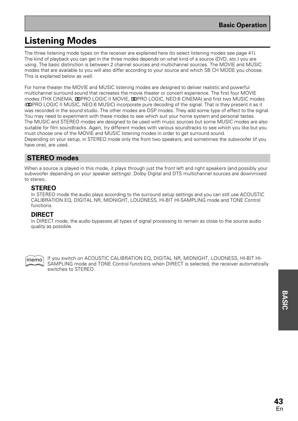 Listening modes, Stereo modes | Pioneer VSX-D1011-S User Manual | Page 43 / 108