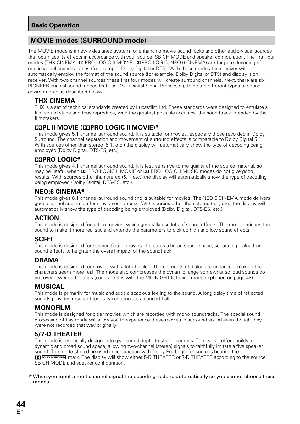 Movie modes (surround mode) | Pioneer VSX-D1011-S User Manual | Page 44 / 108