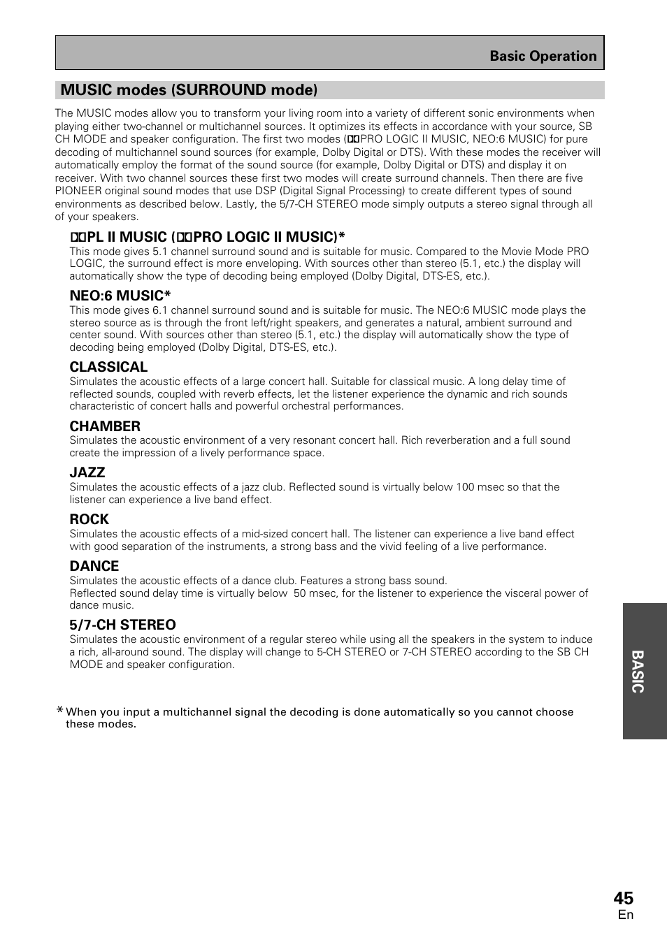 Music modes (surround mode), Basic | Pioneer VSX-D1011-S User Manual | Page 45 / 108