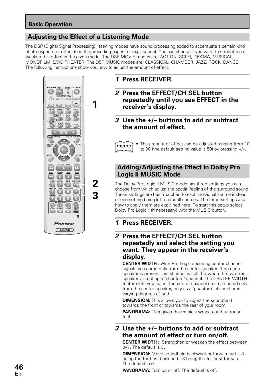 Adjusting the effect of a listening mode, Basic operation | Pioneer VSX-D1011-S User Manual | Page 46 / 108