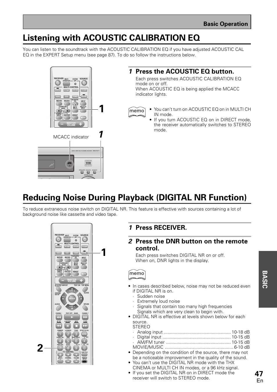 Listening with acoustic calibration eq, Basic, 1 press the acoustic eq button | Basic operation, Mcacc indicator | Pioneer VSX-D1011-S User Manual | Page 47 / 108