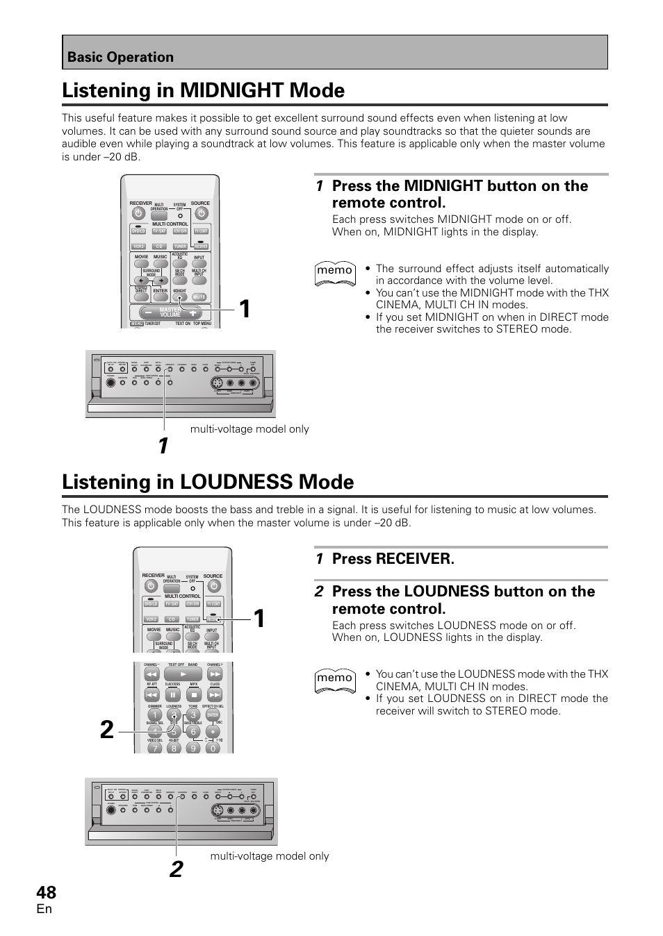 Listening in midnight mode, Listening in loudness mode, 1 press the midnight button on the remote control | Basic operation, Multi-voltage model only | Pioneer VSX-D1011-S User Manual | Page 48 / 108