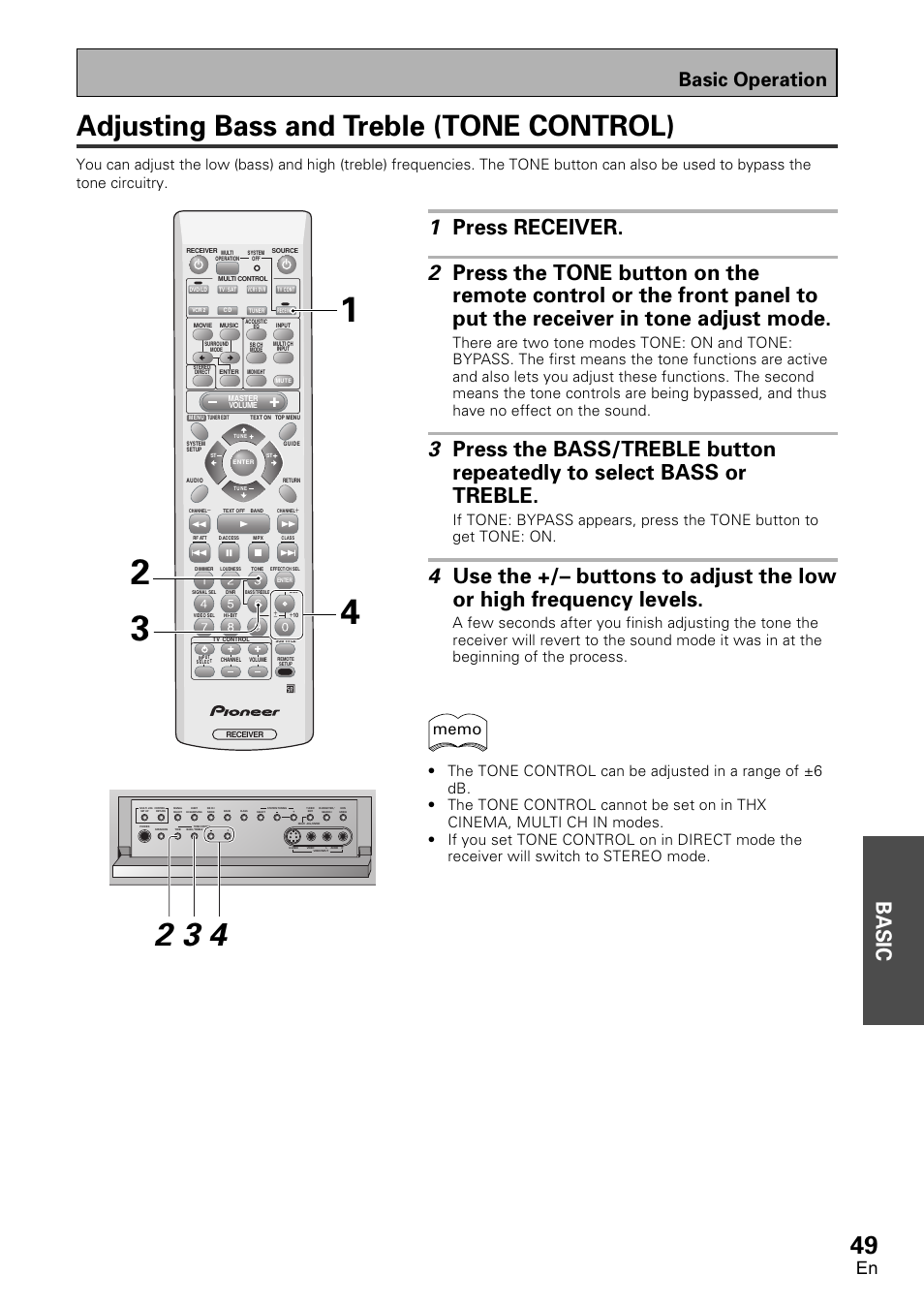 Adjusting bass and treble (tone control), Basic, Basic operation | Pioneer VSX-D1011-S User Manual | Page 49 / 108