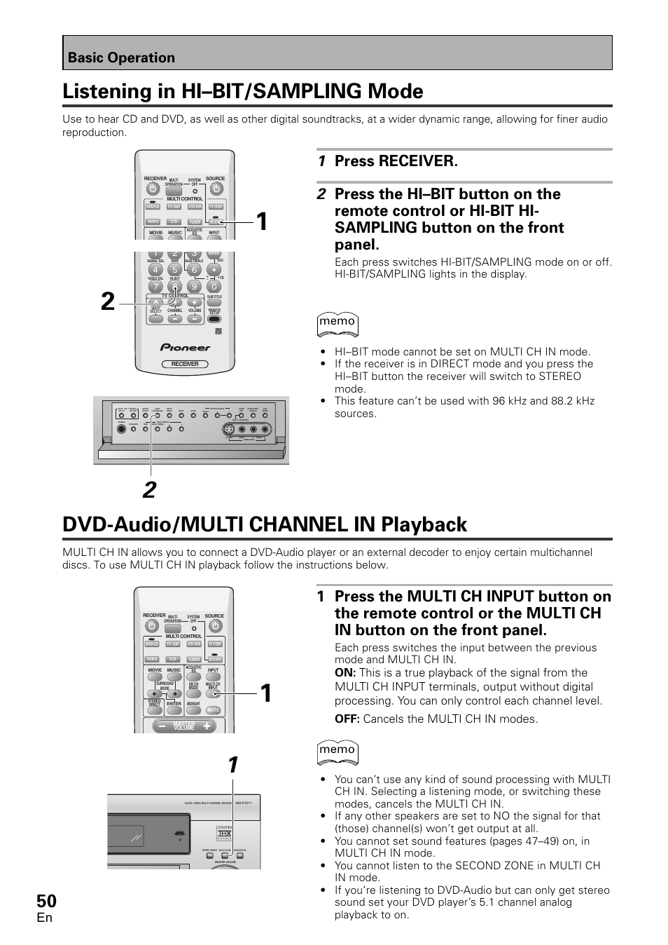 Dvd-audio/multi channel in playback, Listening in hi–bit/sampling mode, Basic operation | Pioneer VSX-D1011-S User Manual | Page 50 / 108