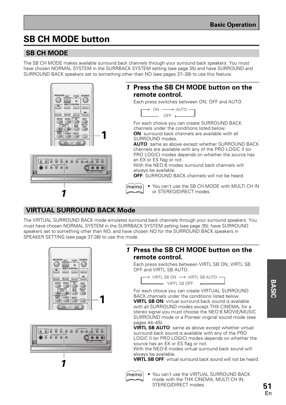 Sb ch mode button, Sb ch mode virtual surround back mode, Basic | Sb ch mode, Virtual surround back mode, Basic operation, On auto virtl sb, Virtl sb on virtl sb auto | Pioneer VSX-D1011-S User Manual | Page 51 / 108