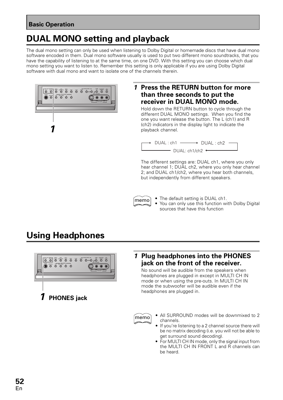 Dual mono setting and playback, Using headphones, Basic operation | Phones jack, Dual : ch1 dual: ch1/ch2 | Pioneer VSX-D1011-S User Manual | Page 52 / 108