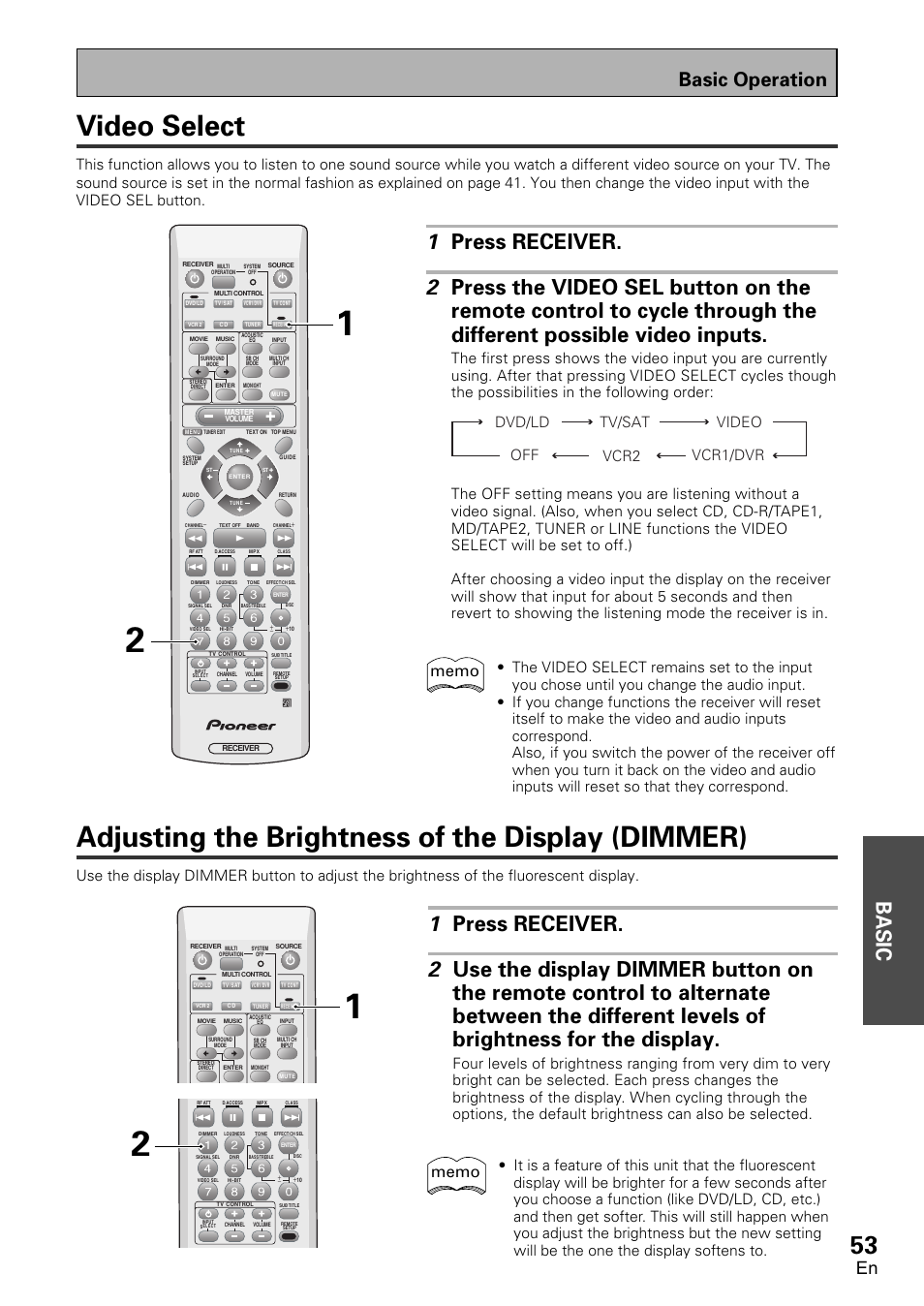 Video select, Adjusting the brightness of the display, Dimmer) | Adjusting the brightness of the display (dimmer), Basic, Basic operation, Dvd/ld tv/sat off vcr2 video vcr1/dvr | Pioneer VSX-D1011-S User Manual | Page 53 / 108