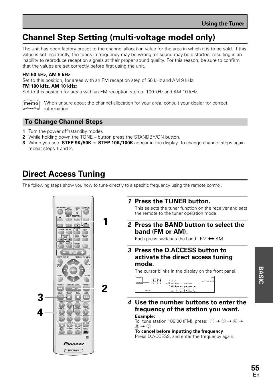 Channel step setting (multi-voltage model only), To change channel steps (multi-voltage model only), Direct access tuning | Basic, 1 press the tuner button, Using the tuner, Each press switches the band : fm j am | Pioneer VSX-D1011-S User Manual | Page 55 / 108