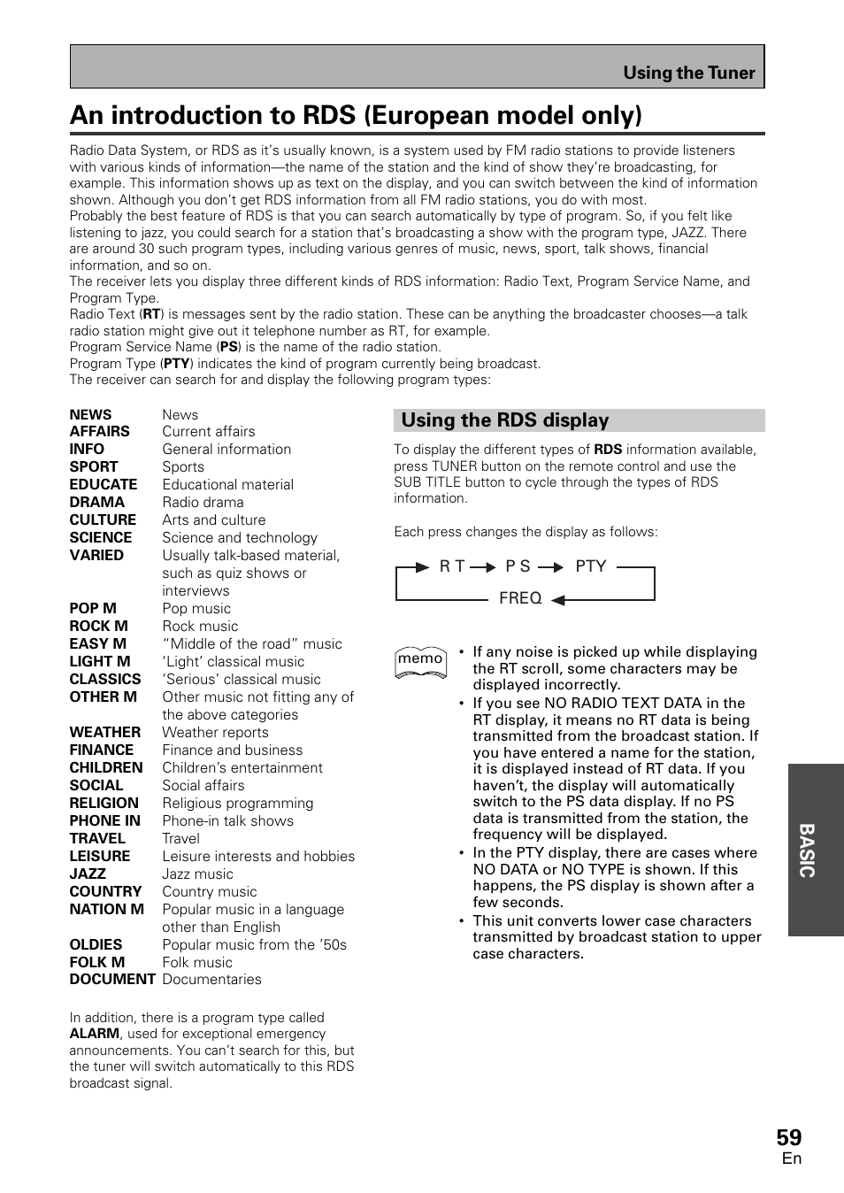 An introduction to rds (european model only), Using the rds display, Basic | Using the tuner | Pioneer VSX-D1011-S User Manual | Page 59 / 108