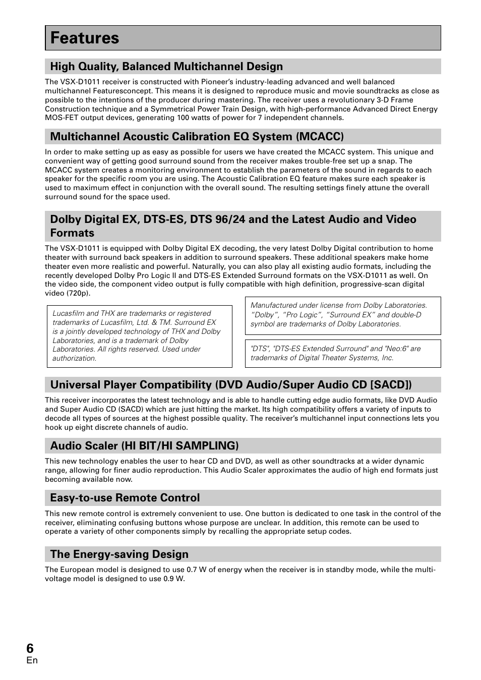 Features | Pioneer VSX-D1011-S User Manual | Page 6 / 108