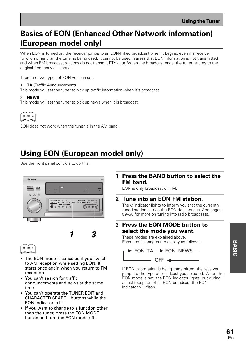 Basics of eon (enhanced other network, Using eon (european model only), Basic | 1 press the band button to select the fm band, 2 tune into an eon fm station, Using the tuner, Eon news off eon ta, Use the front panel controls to do this, Eon is only broadcast on fm | Pioneer VSX-D1011-S User Manual | Page 61 / 108