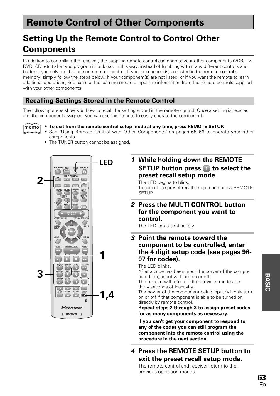 Remote control of other components, Setting up the remote control to control other, Components | Recalling settings stored in the, Remote control, Basic, Recalling settings stored in the remote control, The led lights continously | Pioneer VSX-D1011-S User Manual | Page 63 / 108