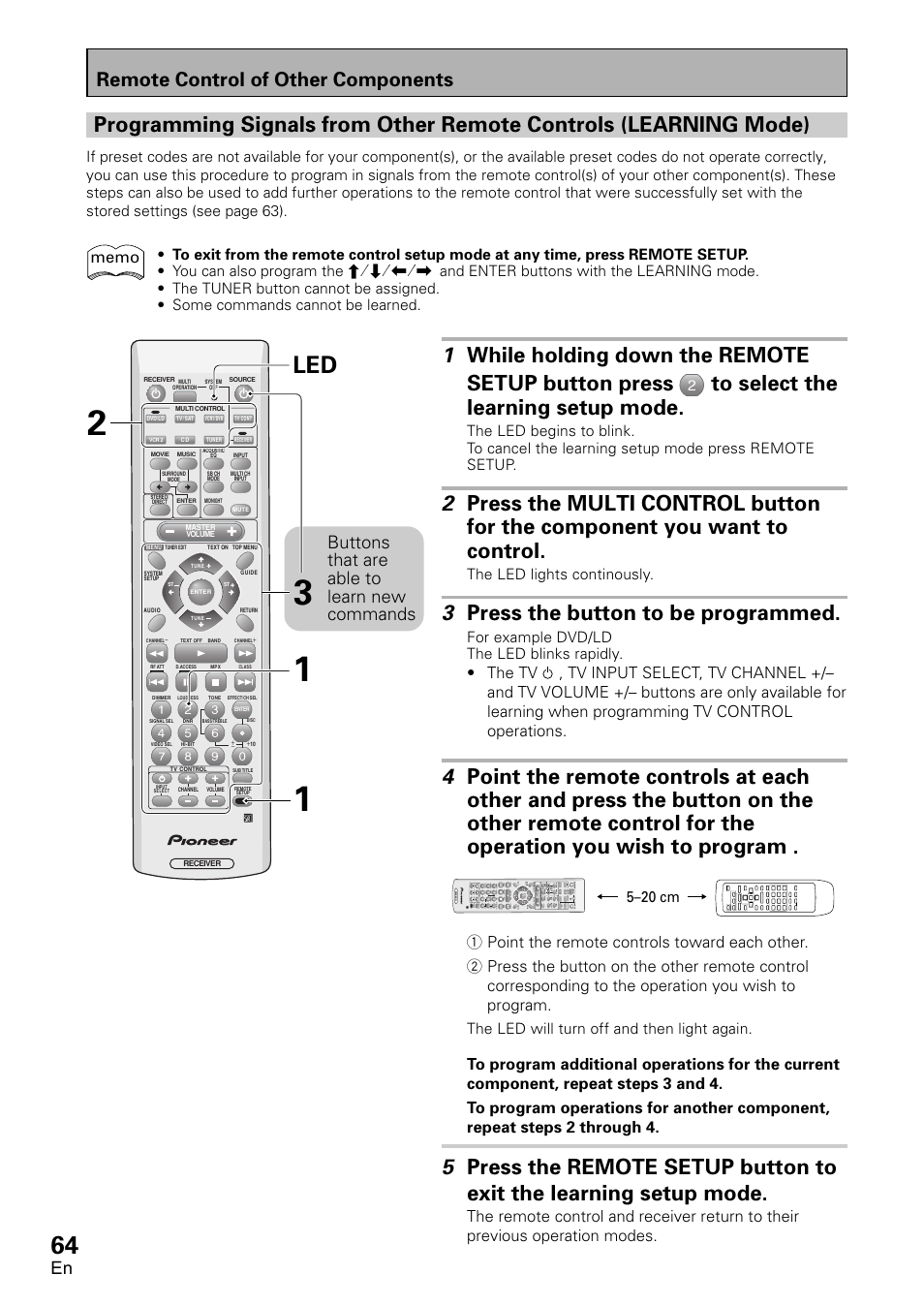 3 press the button to be programmed, Remote control of other components, Buttons that are able to learn new commands | Pioneer VSX-D1011-S User Manual | Page 64 / 108