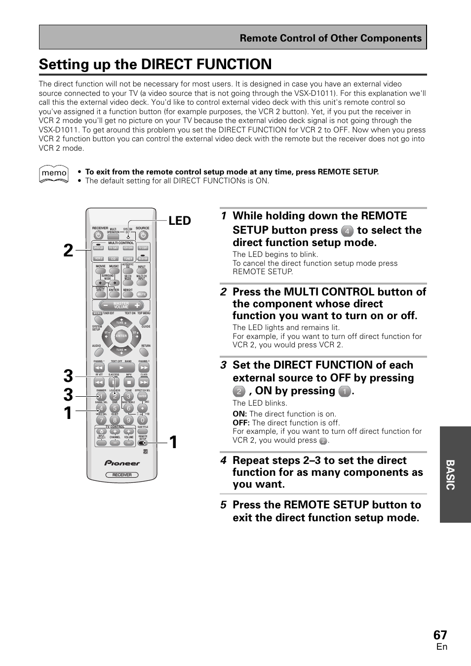 Setting up the direct function, Basic, Remote control of other components | Pioneer VSX-D1011-S User Manual | Page 67 / 108