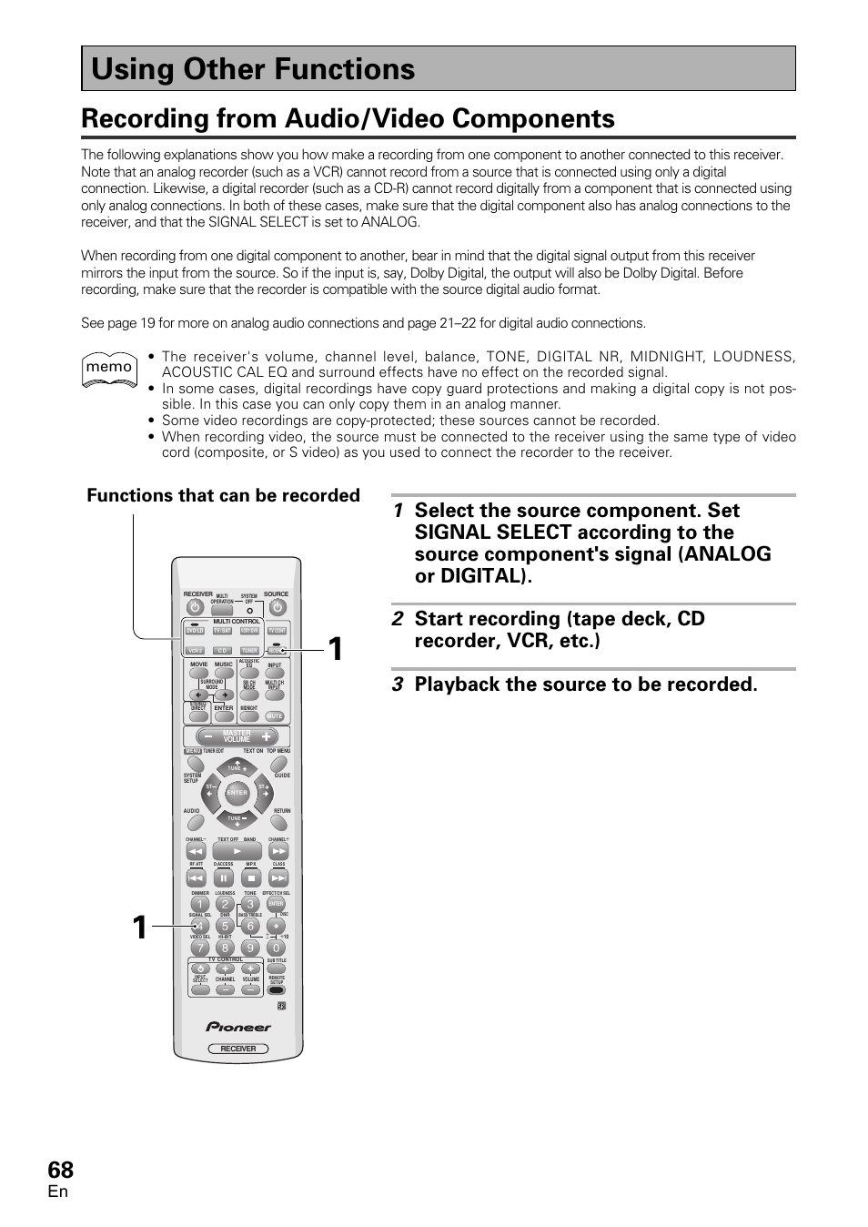 Using other functions, Recording from audio/video components, Functions that can be recorded | Pioneer VSX-D1011-S User Manual | Page 68 / 108