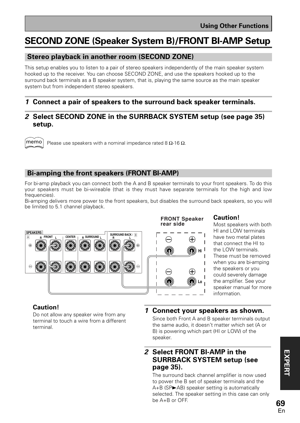 Second zone (speaker system b)/front bi-amp, Setup, Stereo playback in another room (second | Zone), Bi-amping the front speakers (front bi-amp), Second zone (speaker system b)/front bi-amp setup, Exper t, Stereo playback in another room (second zone), 1 connect your speakers as shown, Using other functions | Pioneer VSX-D1011-S User Manual | Page 69 / 108