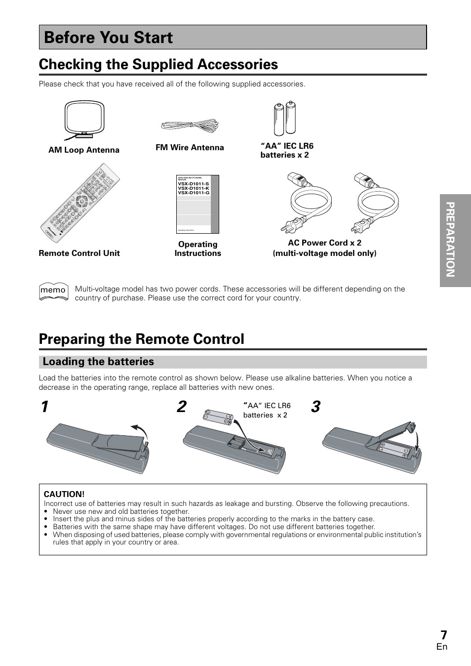 Before you start, Checking the supplied accessories, Preparing the remote control | Loading the batteries, Prep ara tion prep ara tion prep ara t ion, Caution, Ac power cord x 2 (multi-voltage model only), Aa” iec lr6 batteries x 2, Channel, Class | Pioneer VSX-D1011-S User Manual | Page 7 / 108