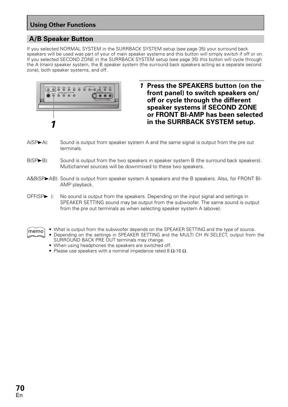 A/b speaker button, Using other functions | Pioneer VSX-D1011-S User Manual | Page 70 / 108