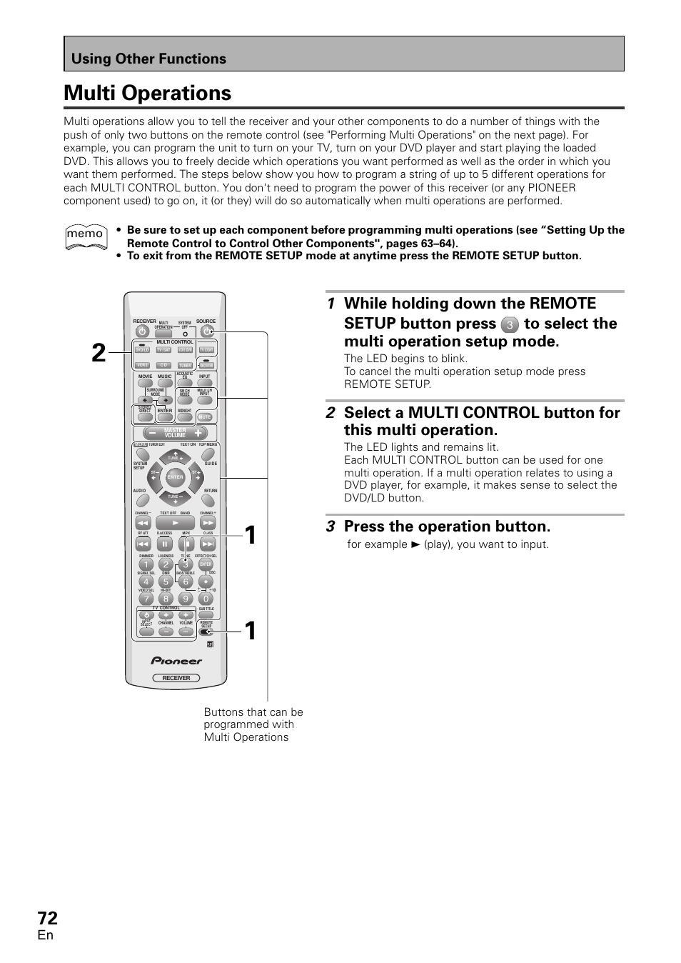 Multi operations, 3 press the operation button, Using other functions | Pioneer VSX-D1011-S User Manual | Page 72 / 108