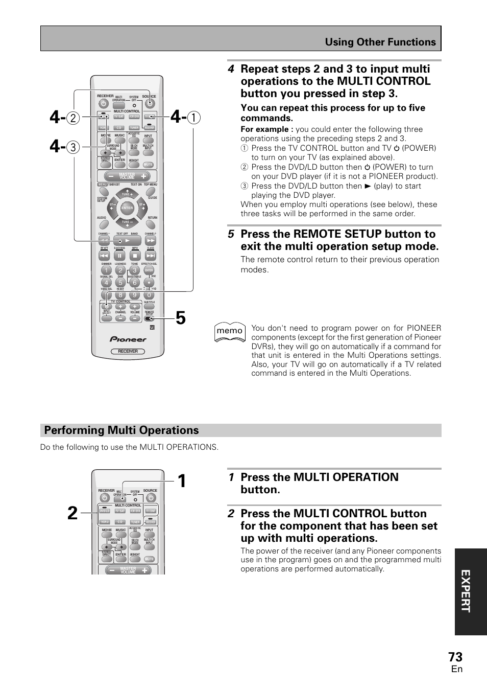 Performing multi operations, Exper t, Using other functions | Do the following to use the multi operations | Pioneer VSX-D1011-S User Manual | Page 73 / 108