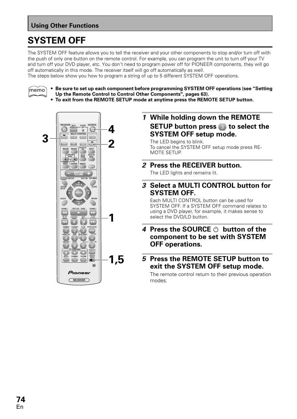 System off, 2 press the receiver button, 3 select a multi control button for system off | Using other functions, The led lights and remains lit | Pioneer VSX-D1011-S User Manual | Page 74 / 108