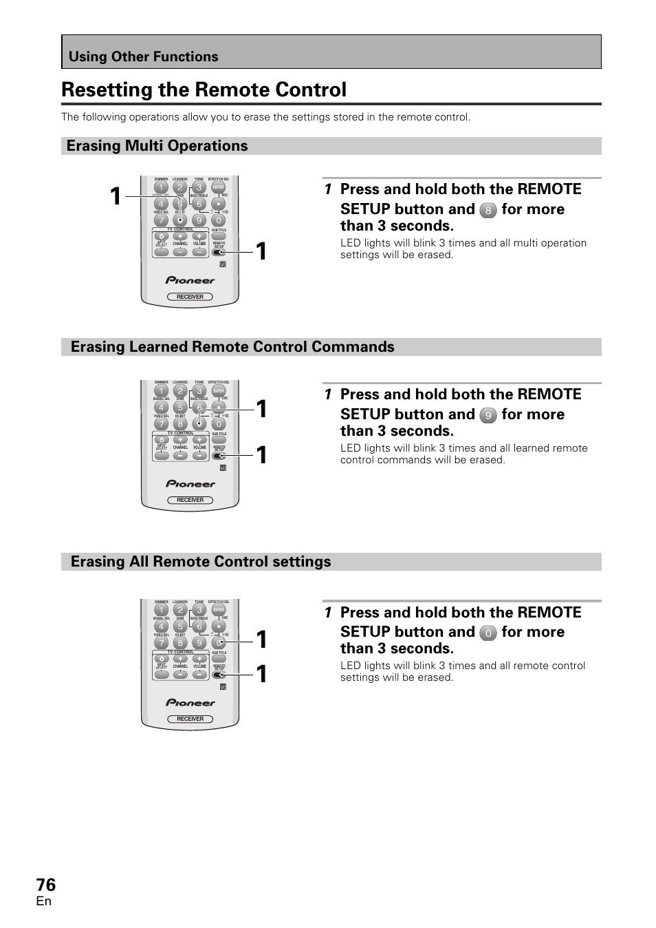 Resetting the remote control, Erasing multi operations, Using other functions | Pioneer VSX-D1011-S User Manual | Page 76 / 108