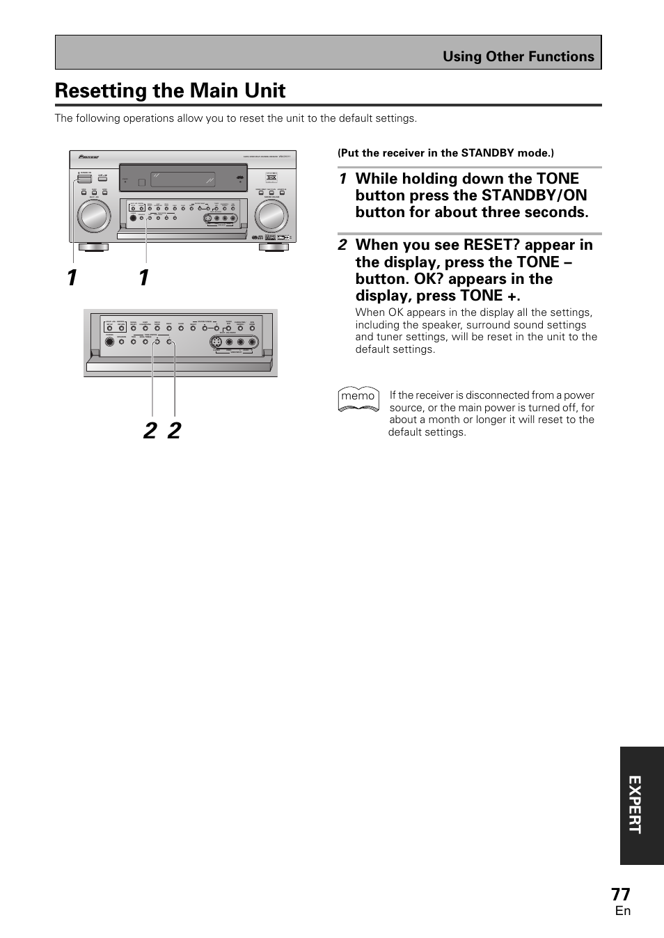 Resetting the main unit, Exper t, Using other functions | Put the receiver in the standby mode.) | Pioneer VSX-D1011-S User Manual | Page 77 / 108