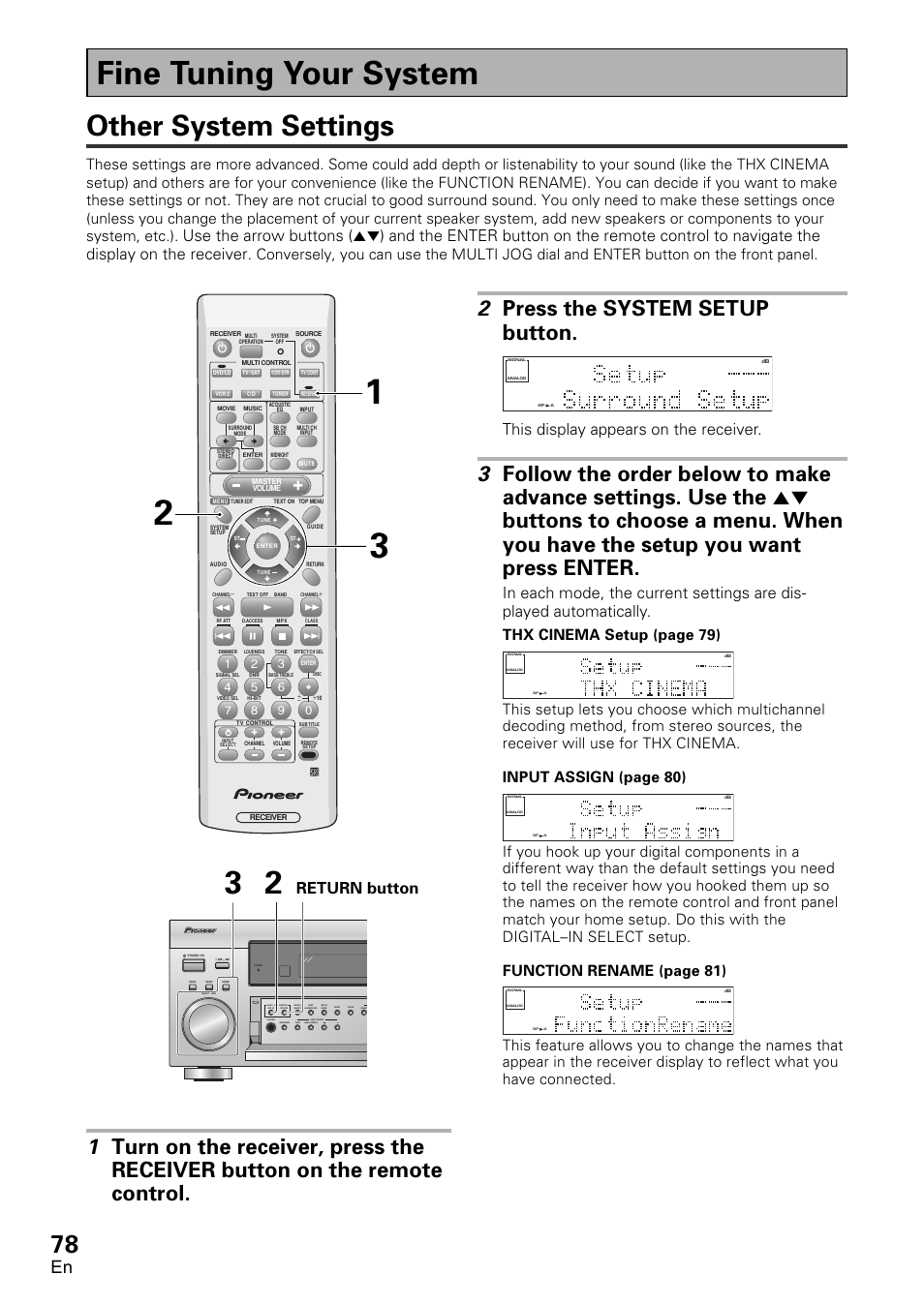 Fine tuning your system, Other system settings, 2 press the system setup button | This display appears on the receiver, Return button, Thx cinema setup (page 79) | Pioneer VSX-D1011-S User Manual | Page 78 / 108