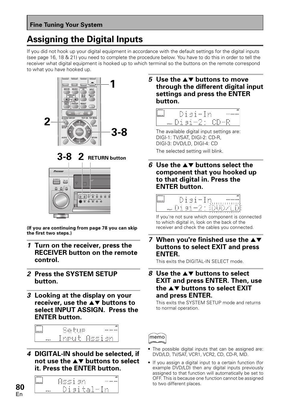 Assigning the digital inputs, Fine tuning your system, Return button | This exits the digital-in select mode | Pioneer VSX-D1011-S User Manual | Page 80 / 108