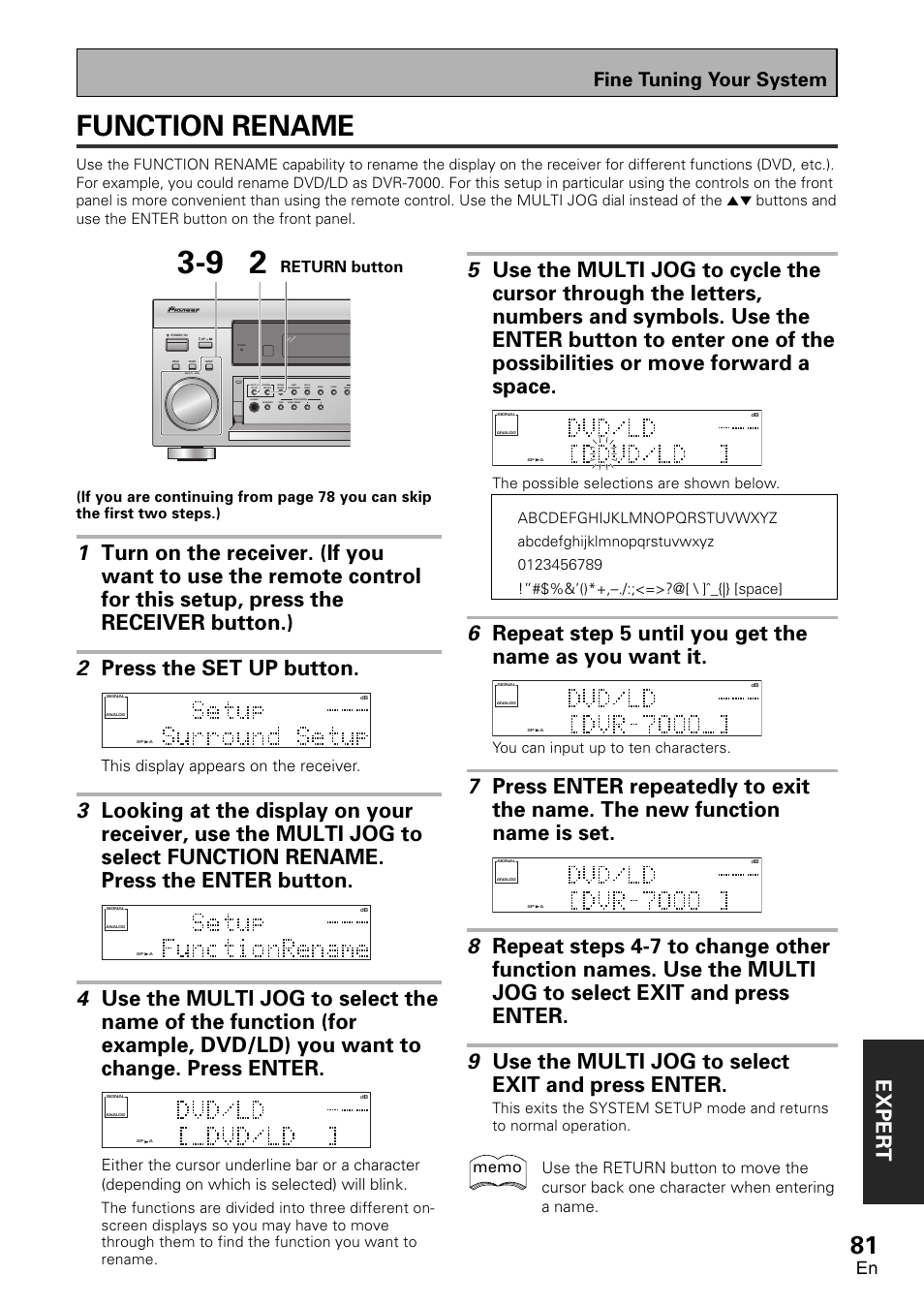 Function rename, Exper t, Fine tuning your system | This display appears on the receiver, You can input up to ten characters | Pioneer VSX-D1011-S User Manual | Page 81 / 108